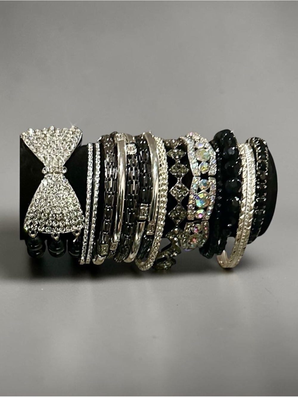 Curated Black Silver Crystal Bracelet Stack Bangle Set Glam Boho Signature